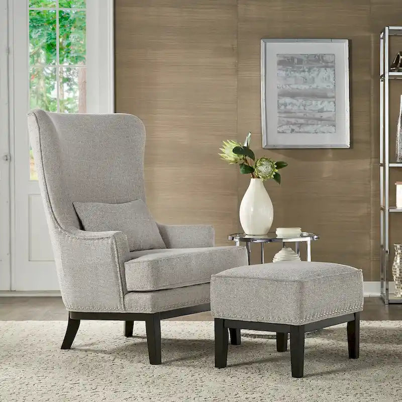 Fauteuil lounge à dossier haut avec repose-pieds Oreiller Clous de tapissier Pieds en peuplier 3 couleurs