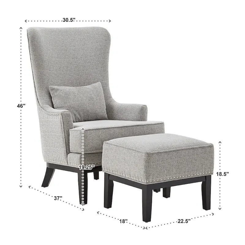 Fauteuil lounge à dossier haut avec repose-pieds Oreiller Clous de tapissier Pieds en peuplier 3 couleurs