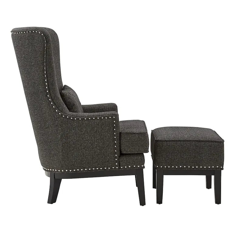 Fauteuil lounge à dossier haut avec repose-pieds Oreiller Clous de tapissier Pieds en peuplier 3 couleurs