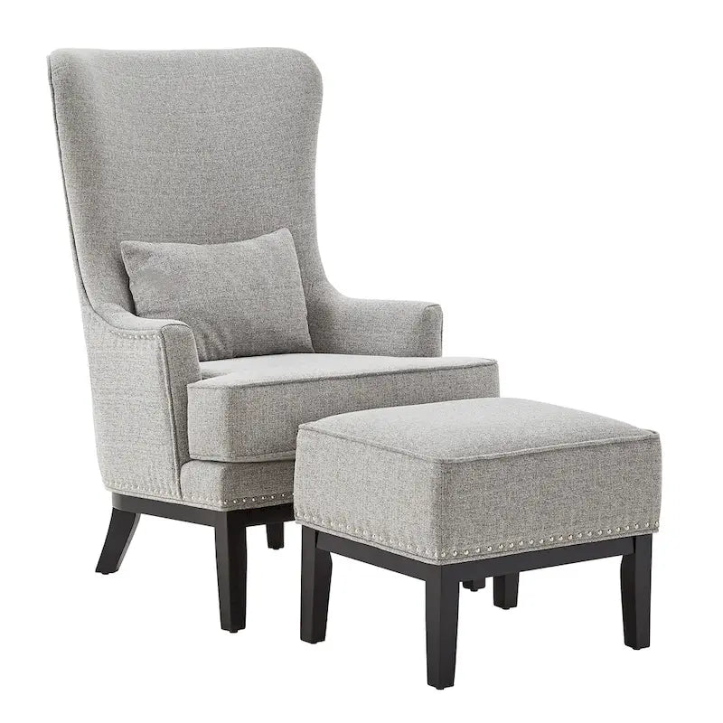 Fauteuil lounge à dossier haut avec repose-pieds Oreiller Clous de tapissier Pieds en peuplier 3 couleurs