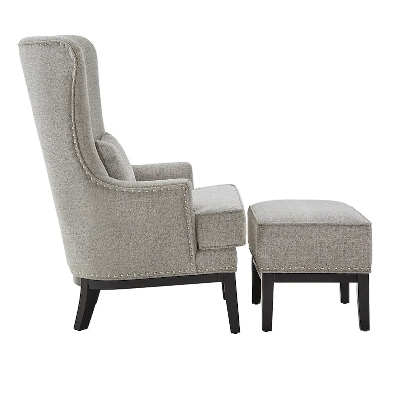 Fauteuil lounge à dossier haut avec repose-pieds Oreiller Clous de tapissier Pieds en peuplier 3 couleurs