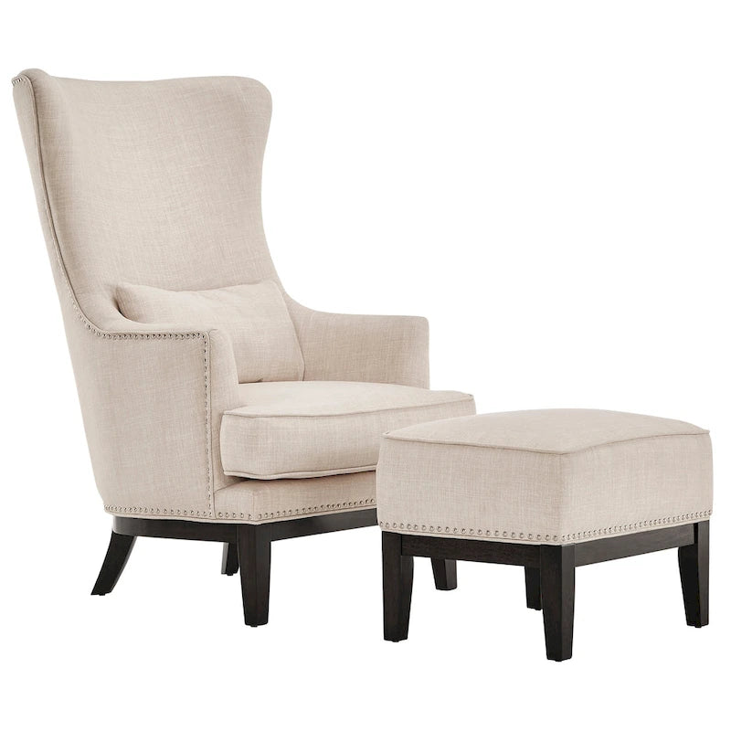 Fauteuil lounge à dossier haut avec repose-pieds Oreiller Clous de tapissier Pieds en peuplier 3 couleurs