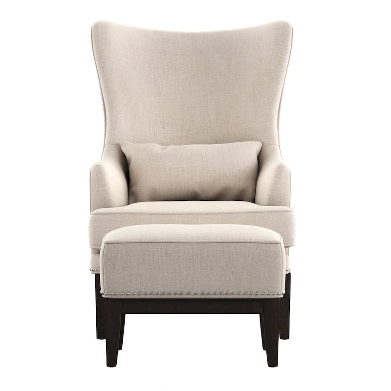 Fauteuil lounge à dossier haut avec repose-pieds Oreiller Clous de tapissier Pieds en peuplier 3 couleurs