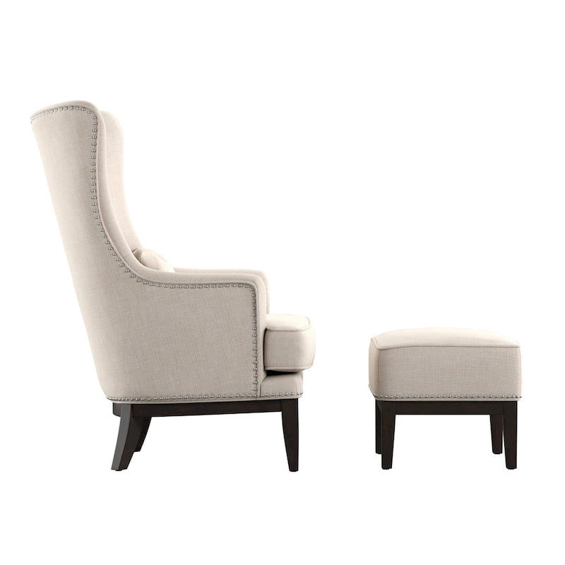 Fauteuil lounge à dossier haut avec repose-pieds Oreiller Clous de tapissier Pieds en peuplier 3 couleurs