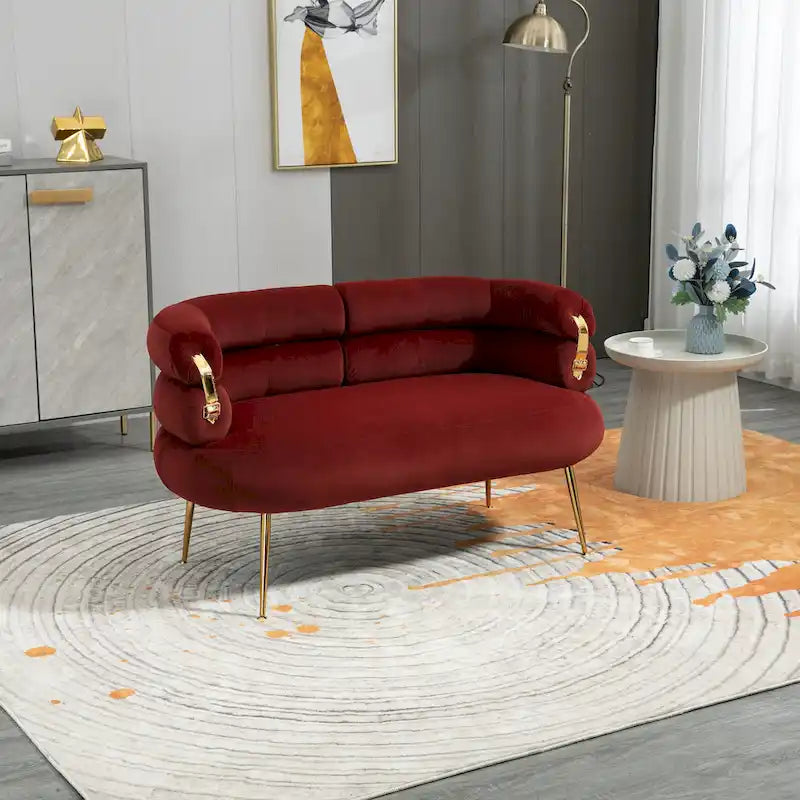 Canapé deux places en velours Accoudoirs tubulaires Dossier incurvé Pieds en métal doré Gris Beige Vert