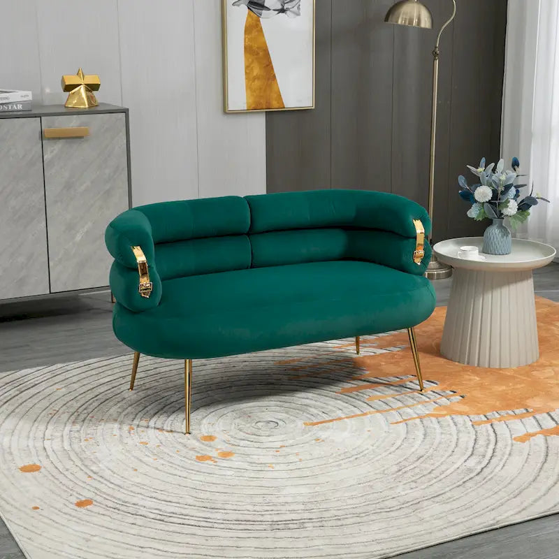 Canapé deux places en velours Accoudoirs tubulaires Dossier incurvé Pieds en métal doré Gris Beige Vert