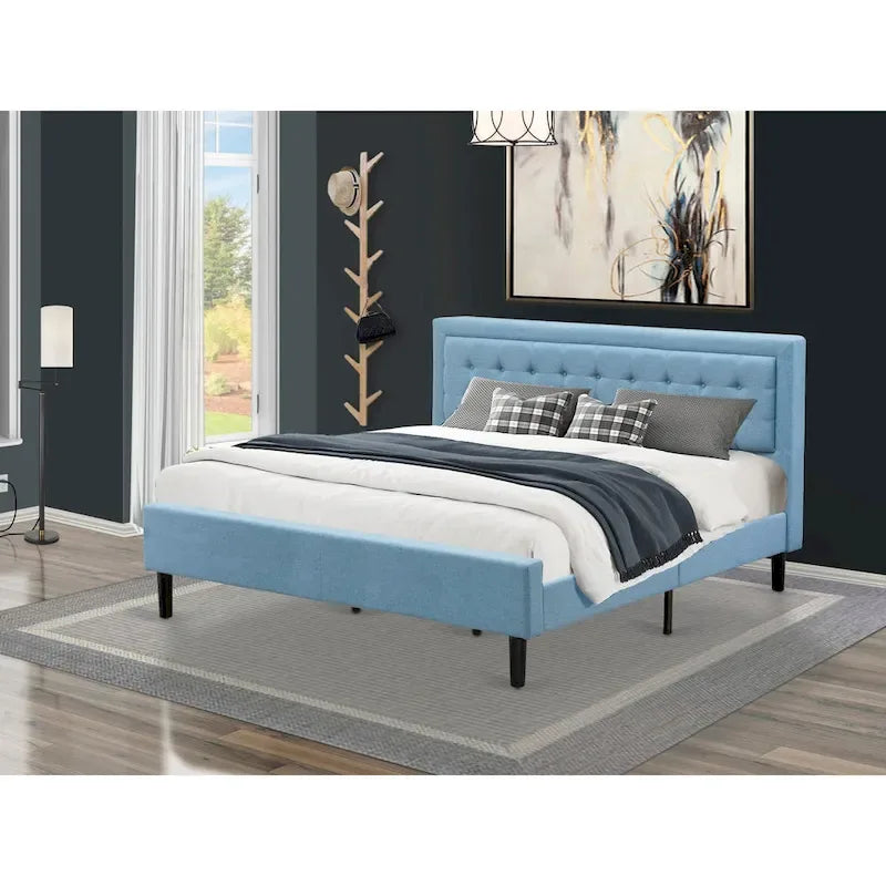 Lit plateforme en lin, tête de lit capitonnée, pieds noirs, grand lit (full), très grand lit (queen), très très grand lit (king), beige, bleu