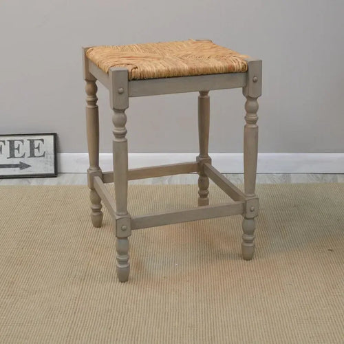 Tabouret sans dossier à assise en jonc, pieds tournés, hauteur comptoir ou bar, gris patiné expresso