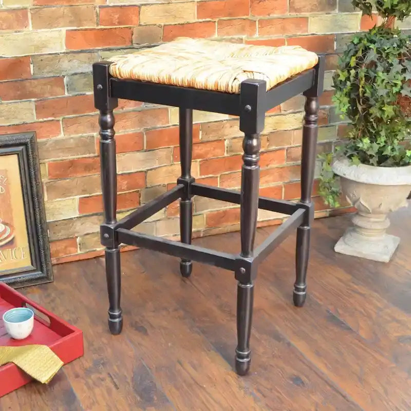Tabouret sans dossier à assise en jonc, pieds tournés, hauteur comptoir ou bar, gris patiné expresso