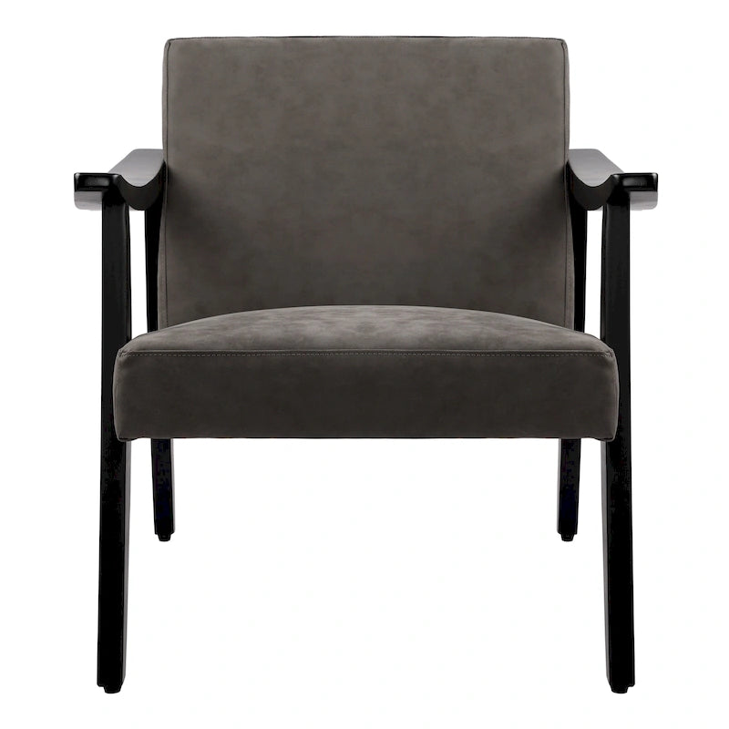 Fauteuil d'appoint en similicuir style Mid-Century, bras en bois courbé, pieds coniques, noir gris