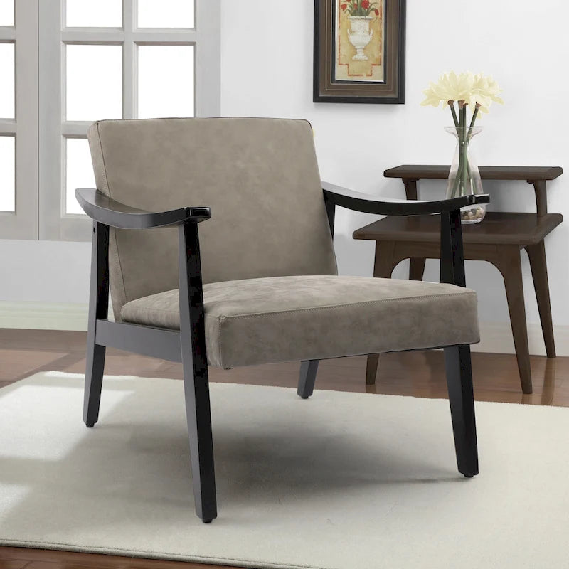 Fauteuil d'appoint en similicuir style Mid-Century, bras en bois courbé, pieds coniques, noir gris