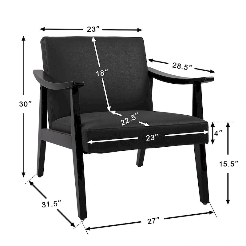 Fauteuil d'appoint en similicuir style Mid-Century, bras en bois courbé, pieds coniques, noir gris