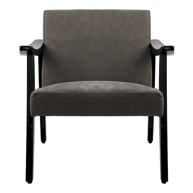 Fauteuil d'appoint en similicuir style Mid-Century, bras en bois courbé, pieds coniques, noir gris