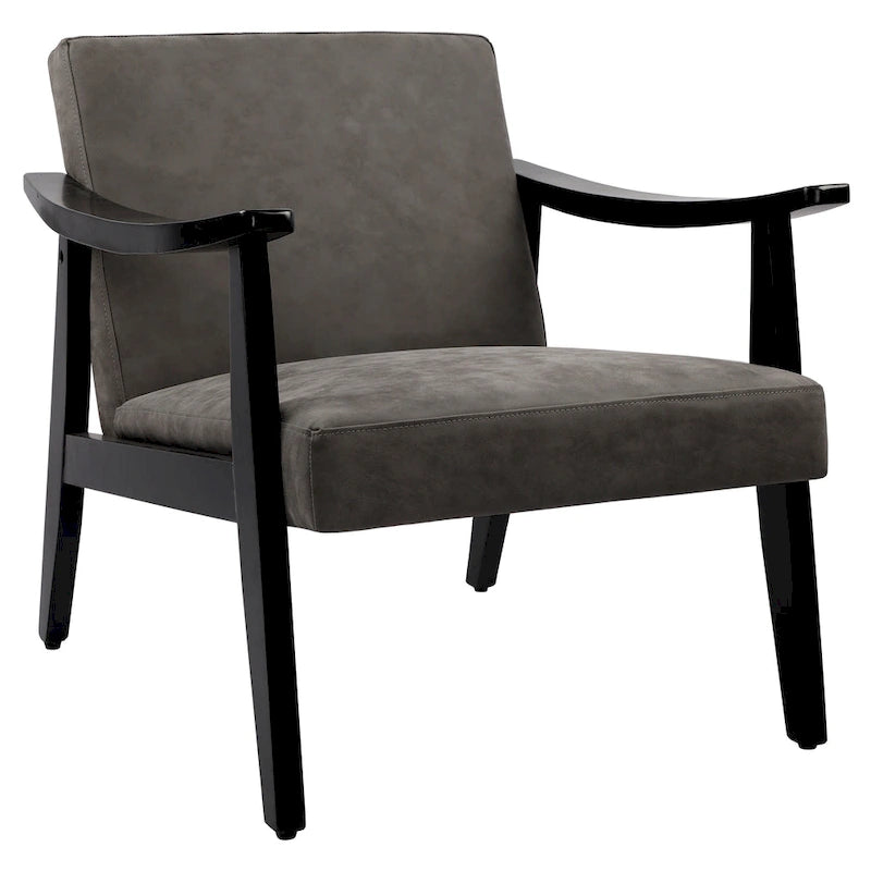 Fauteuil d'appoint en similicuir style Mid-Century, bras en bois courbé, pieds coniques, noir gris
