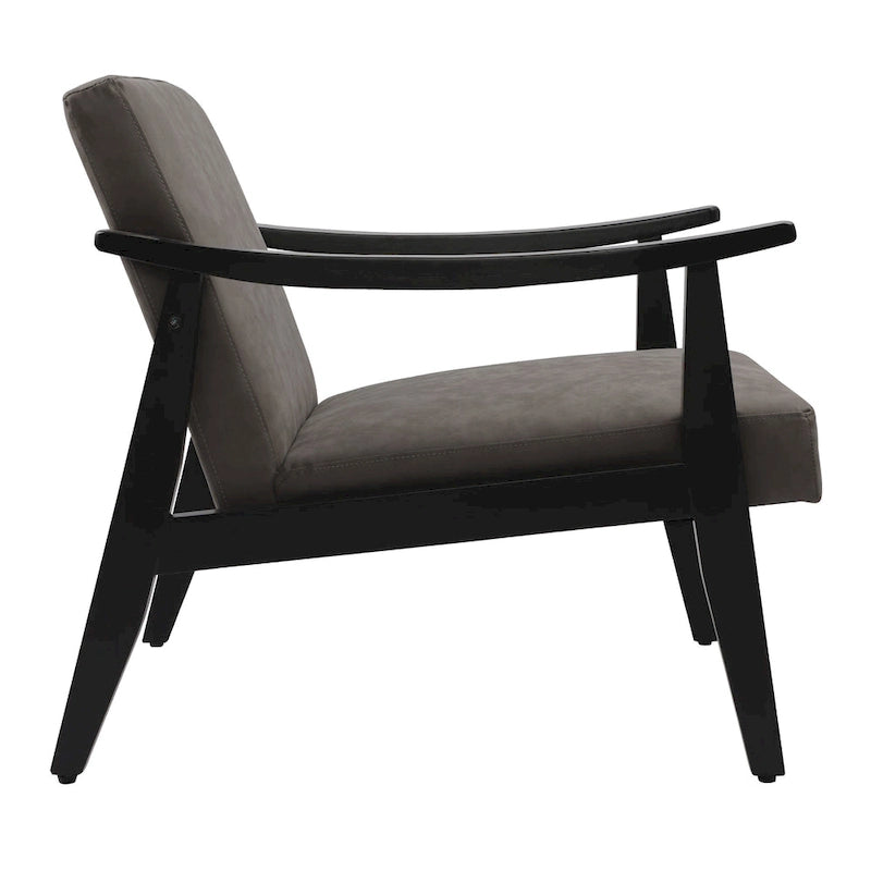 Fauteuil d'appoint en similicuir style Mid-Century, bras en bois courbé, pieds coniques, noir gris