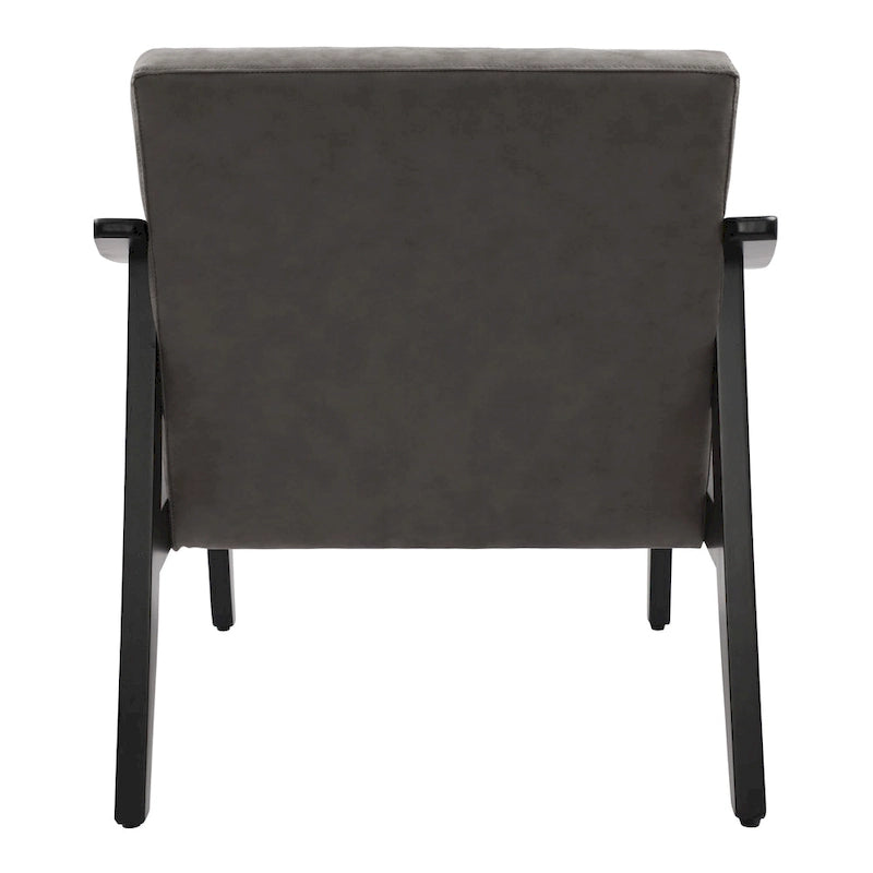 Fauteuil d'appoint en similicuir style Mid-Century, bras en bois courbé, pieds coniques, noir gris