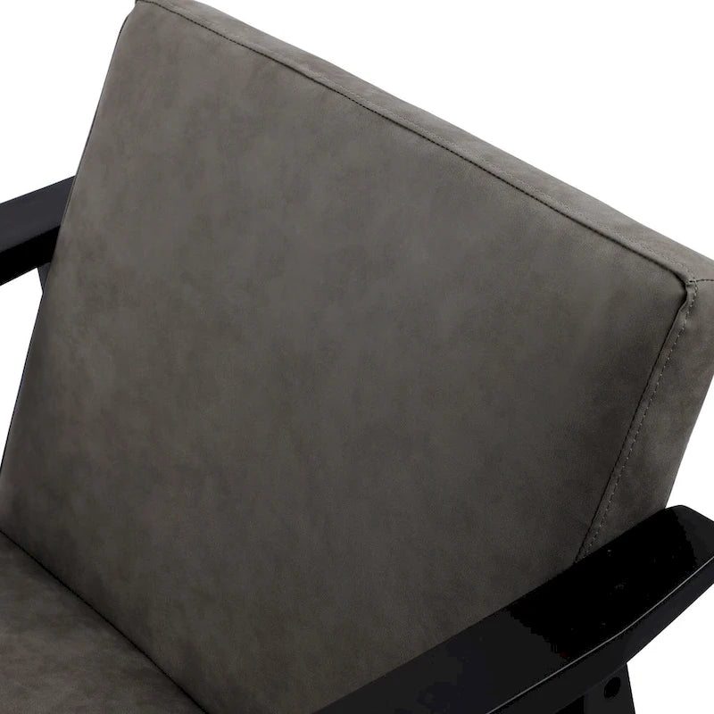 Fauteuil d'appoint en similicuir style Mid-Century, bras en bois courbé, pieds coniques, noir gris