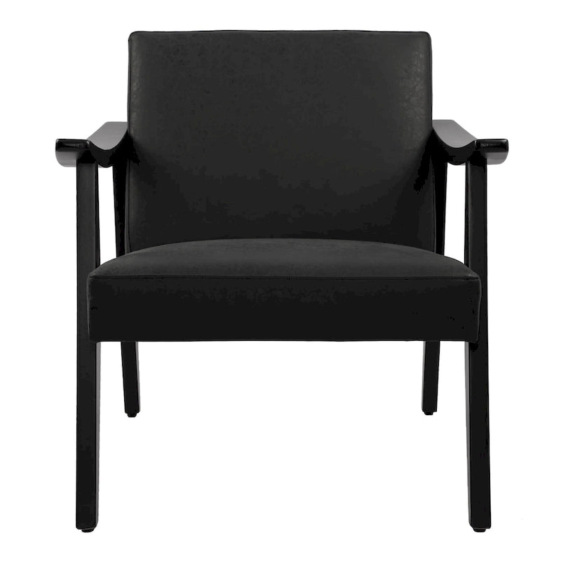 Fauteuil d'appoint en similicuir style Mid-Century, bras en bois courbé, pieds coniques, noir gris