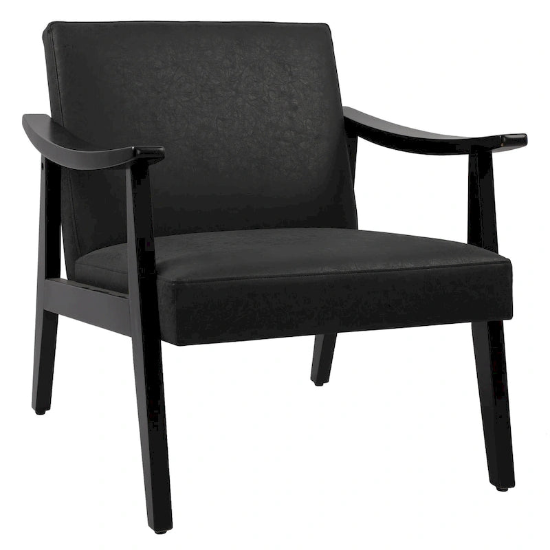 Fauteuil d'appoint en similicuir style Mid-Century, bras en bois courbé, pieds coniques, noir gris