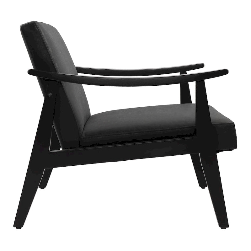 Fauteuil d'appoint en similicuir style Mid-Century, bras en bois courbé, pieds coniques, noir gris