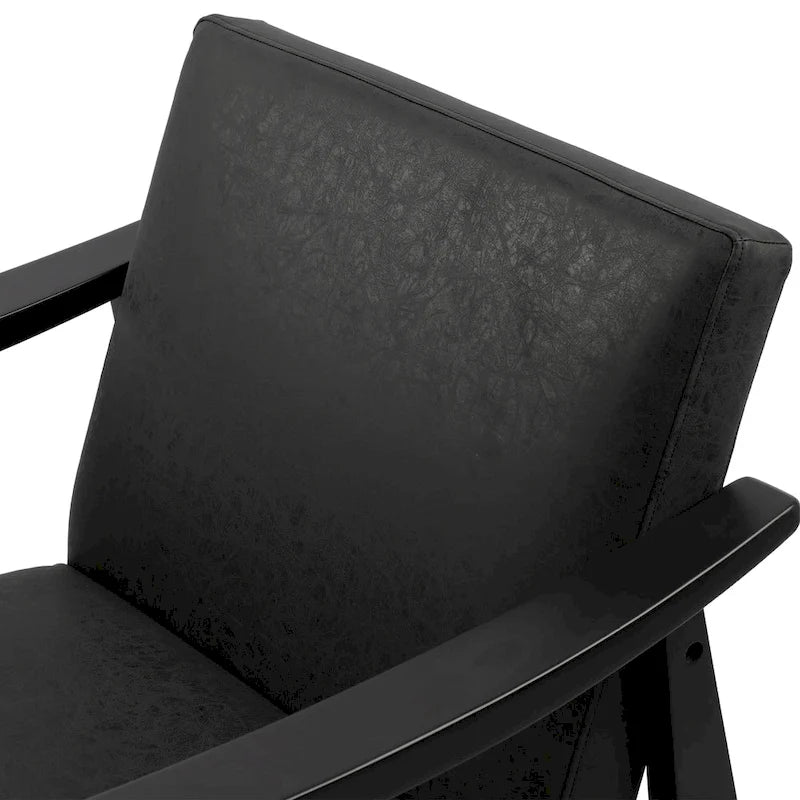 Fauteuil d'appoint en similicuir style Mid-Century, bras en bois courbé, pieds coniques, noir gris