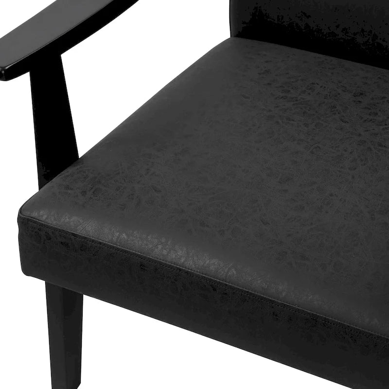 Fauteuil d'appoint en similicuir style Mid-Century, bras en bois courbé, pieds coniques, noir gris