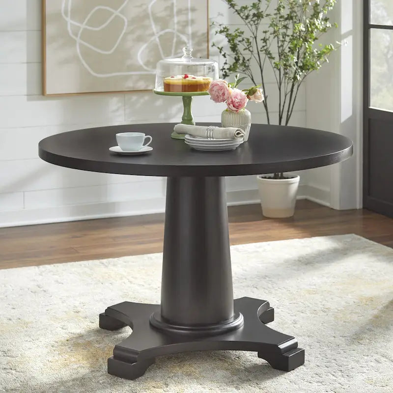 Table de salle à manger ronde sur pied en hévéa, base sculptée, style rustique vieilli, finitions multiples