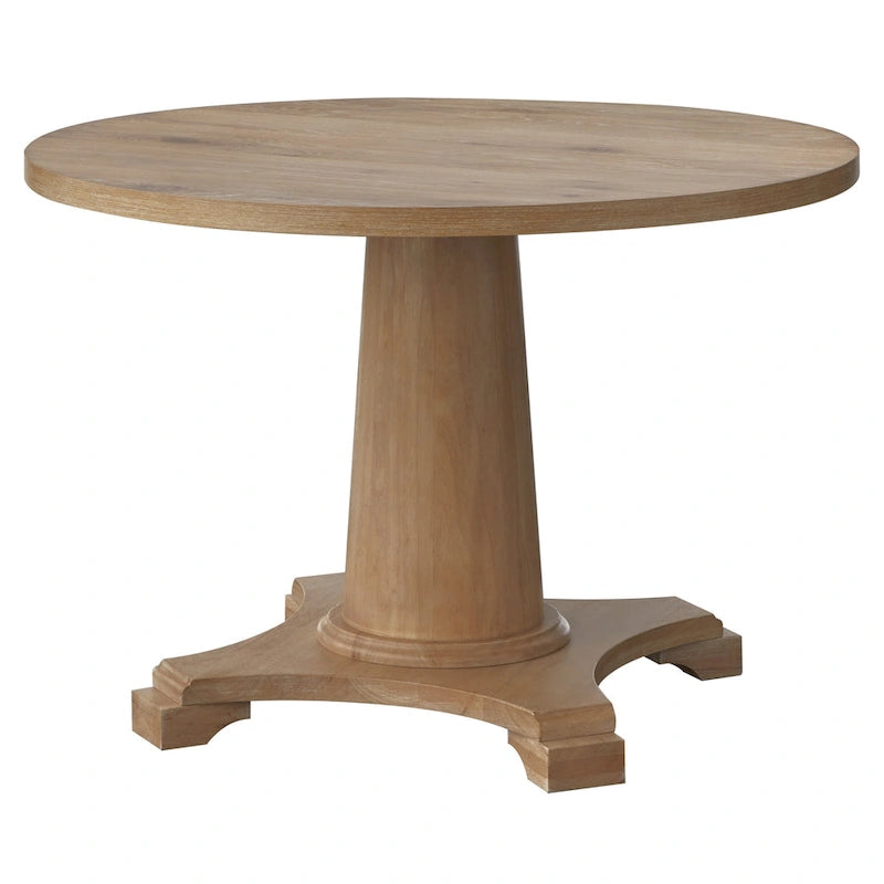 Table de salle à manger ronde sur pied en hévéa, base sculptée, style rustique vieilli, finitions multiples