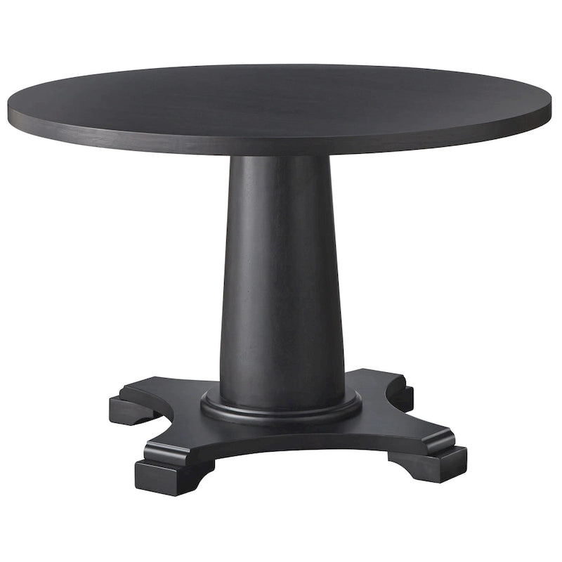 Table de salle à manger ronde sur pied en hévéa, base sculptée, style rustique vieilli, finitions multiples