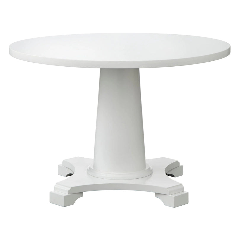 Table de salle à manger ronde sur pied en hévéa, base sculptée, style rustique vieilli, finitions multiples