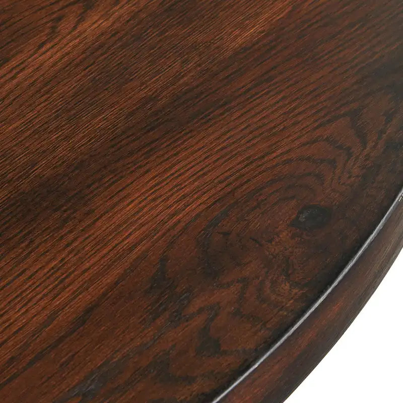 Table de salle à manger ronde sur pied en hévéa, base sculptée, style rustique vieilli, finitions multiples