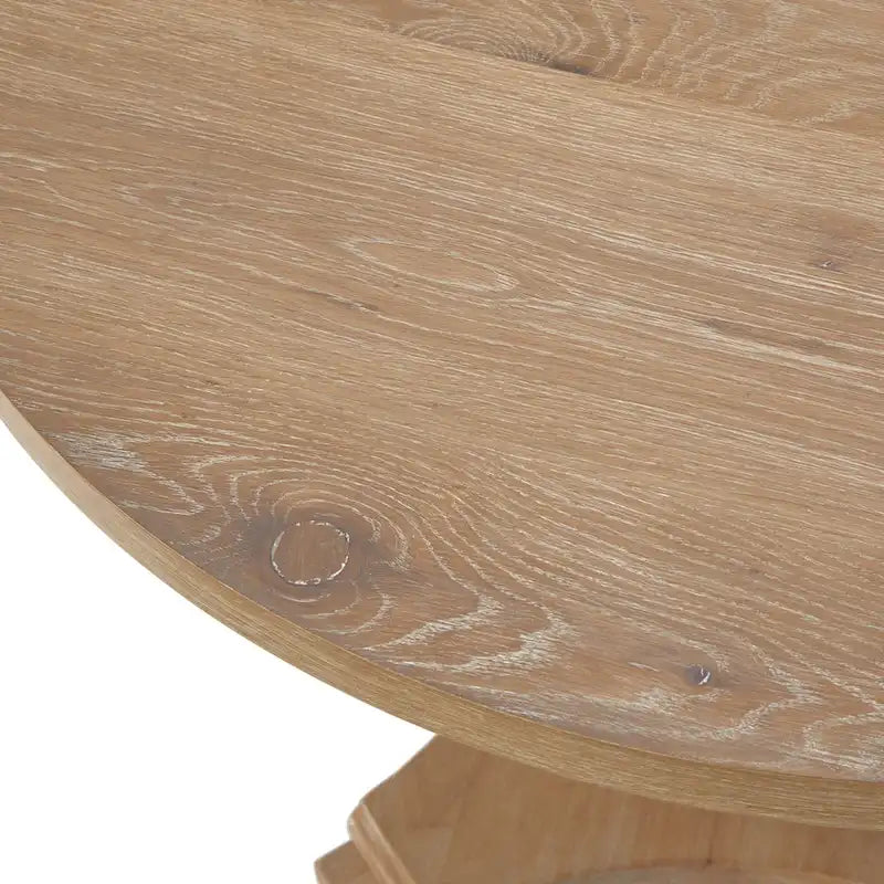 Table de salle à manger ronde sur pied en hévéa, base sculptée, style rustique vieilli, finitions multiples