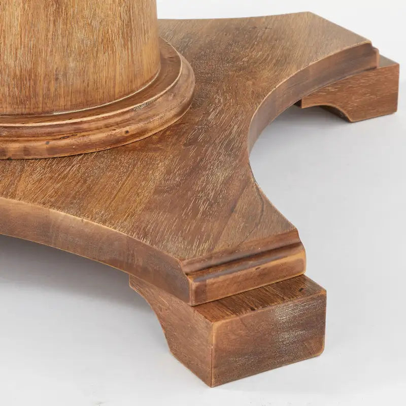 Table de salle à manger ronde sur pied en hévéa, base sculptée, style rustique vieilli, finitions multiples