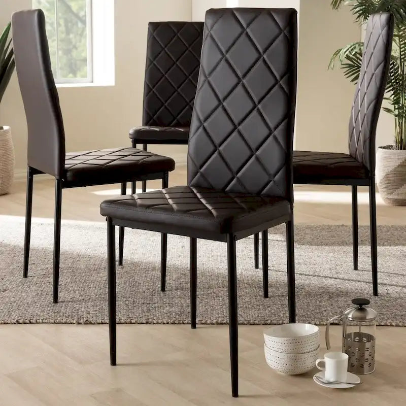 Chaise de salle à manger moderne capitonnée en similicuir, rembourrée de mousse, pieds en métal noir