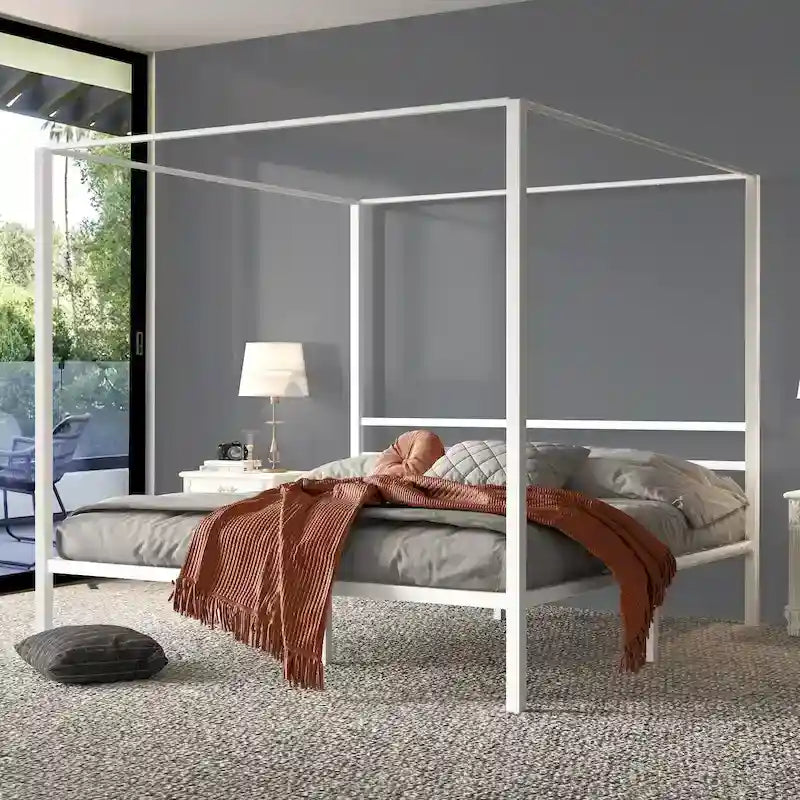 Cadre de lit plateforme à baldaquin en métal King Size blanc mat sans sommier à ressorts