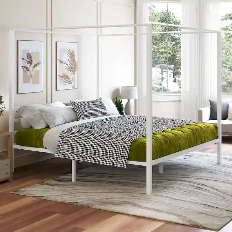 Cadre de lit plateforme à baldaquin en métal King Size blanc mat sans sommier à ressorts