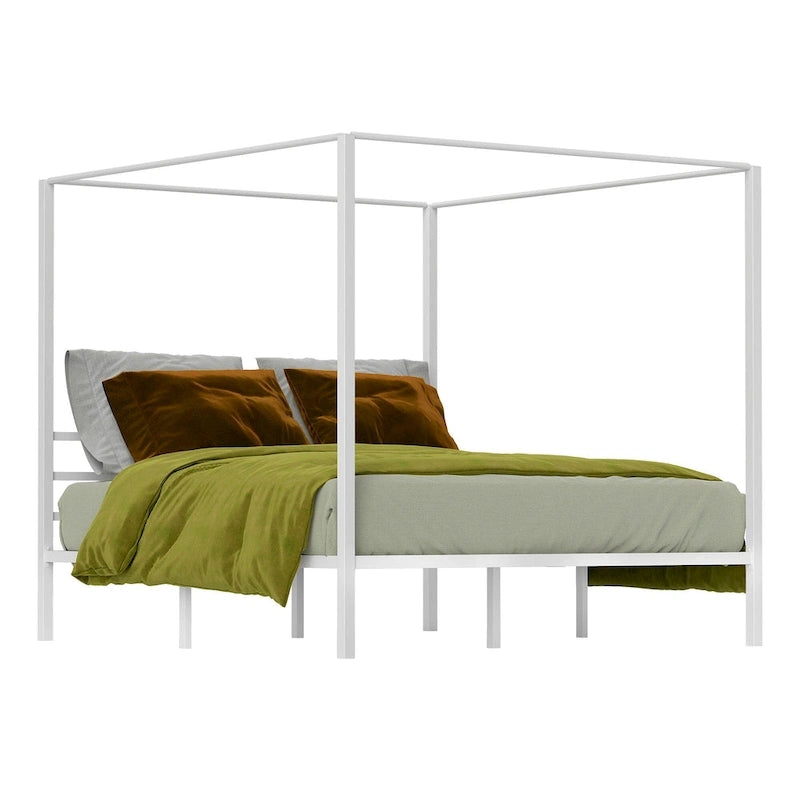 Cadre de lit plateforme à baldaquin en métal King Size blanc mat sans sommier à ressorts