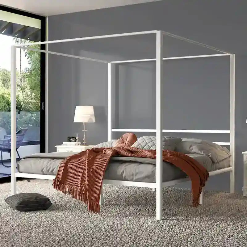 Cadre de lit plateforme à baldaquin en métal King Size blanc mat sans sommier à ressorts