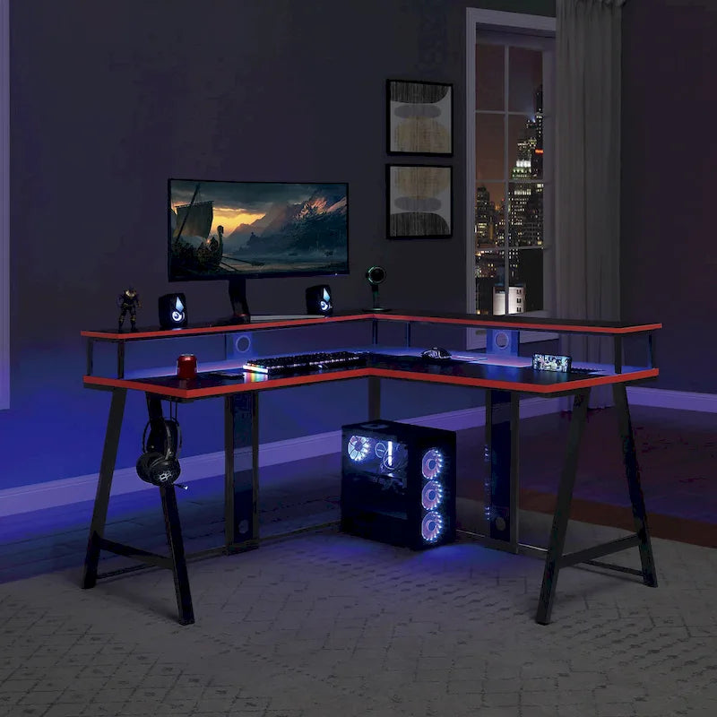 Bureau de Jeu en L avec LED RGB, double étagère pour moniteur, chargeur sans fil et hub USB, noir et rouge