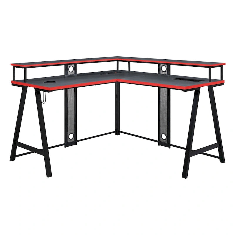 Bureau de Jeu en L avec LED RGB, double étagère pour moniteur, chargeur sans fil et hub USB, noir et rouge