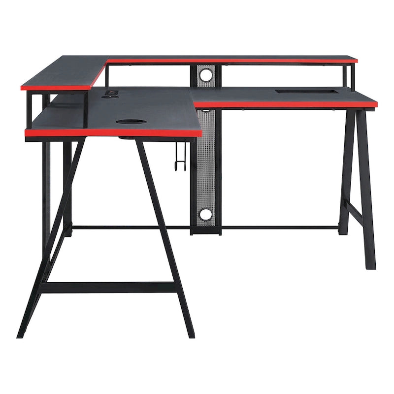 Bureau de Jeu en L avec LED RGB, double étagère pour moniteur, chargeur sans fil et hub USB, noir et rouge