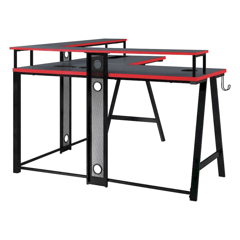 Bureau de Jeu en L avec LED RGB, double étagère pour moniteur, chargeur sans fil et hub USB, noir et rouge