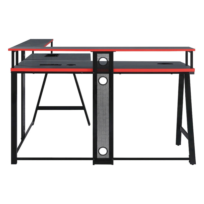 Bureau de Jeu en L avec LED RGB, double étagère pour moniteur, chargeur sans fil et hub USB, noir et rouge