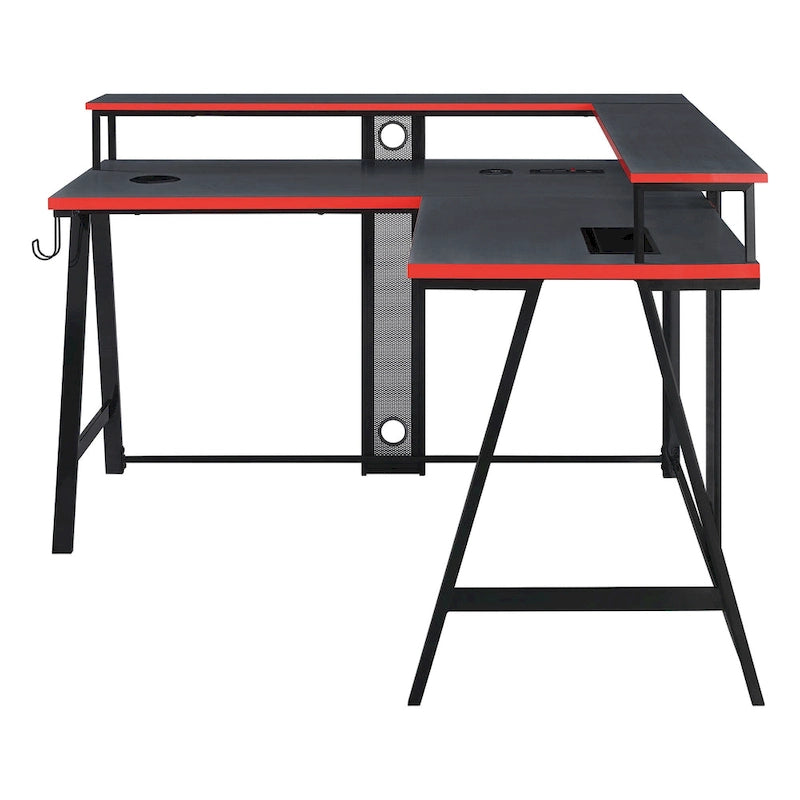 Bureau de Jeu en L avec LED RGB, double étagère pour moniteur, chargeur sans fil et hub USB, noir et rouge