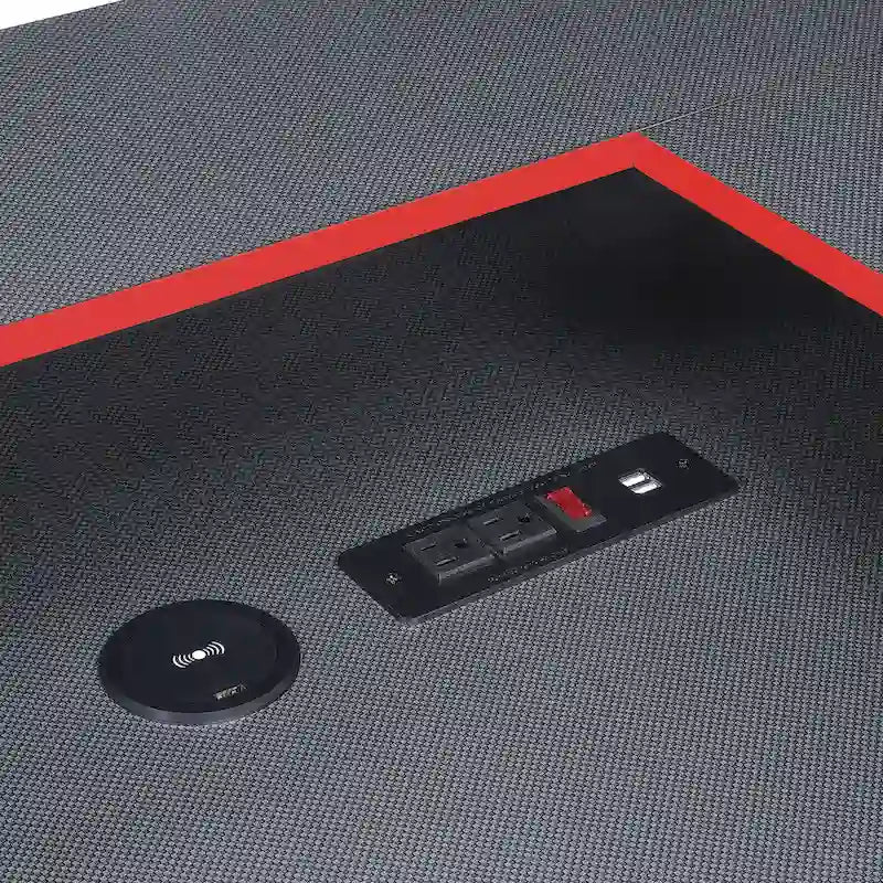 Bureau de Jeu en L avec LED RGB, double étagère pour moniteur, chargeur sans fil et hub USB, noir et rouge