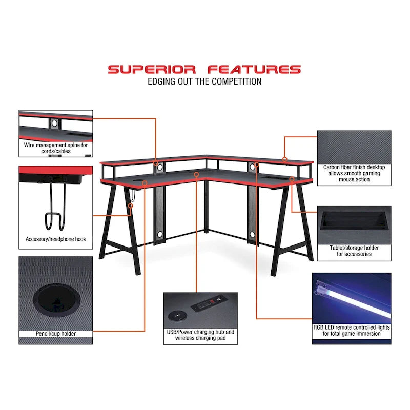 Bureau de Jeu en L avec LED RGB, double étagère pour moniteur, chargeur sans fil et hub USB, noir et rouge