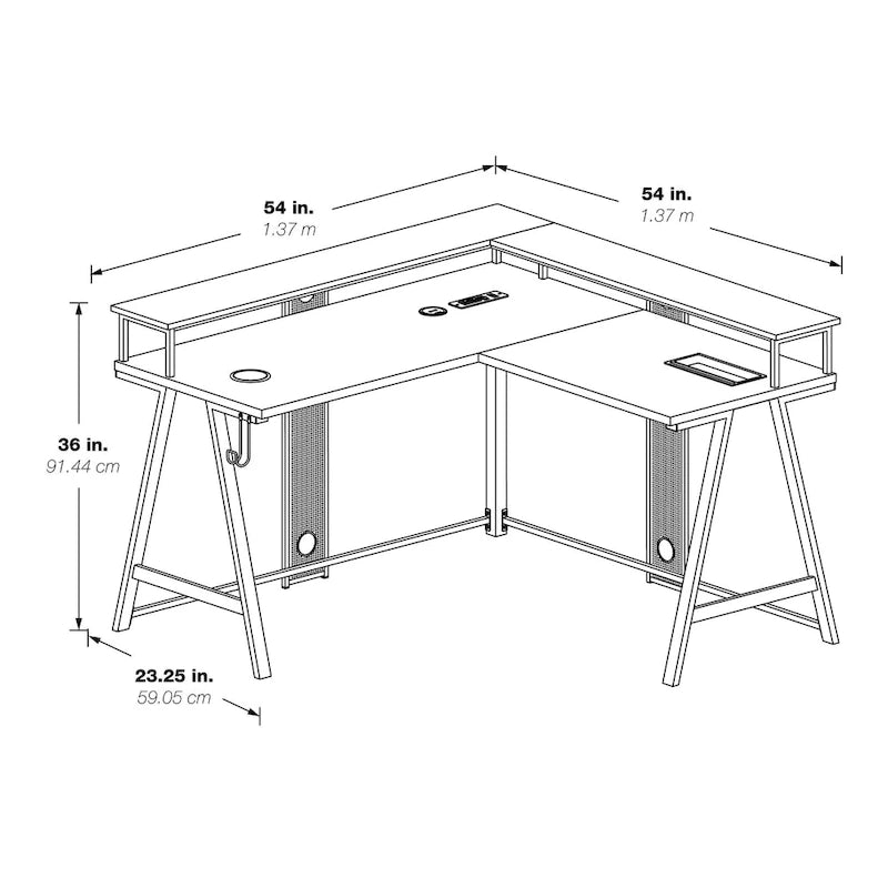 Bureau de Jeu en L avec LED RGB, double étagère pour moniteur, chargeur sans fil et hub USB, noir et rouge