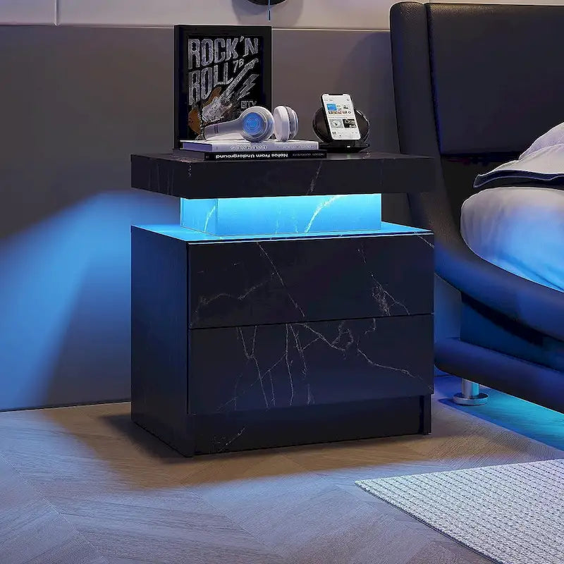 Table de chevet à LED 2 tiroirs Étagère ouverte Éclairage multicolore 6 couleurs