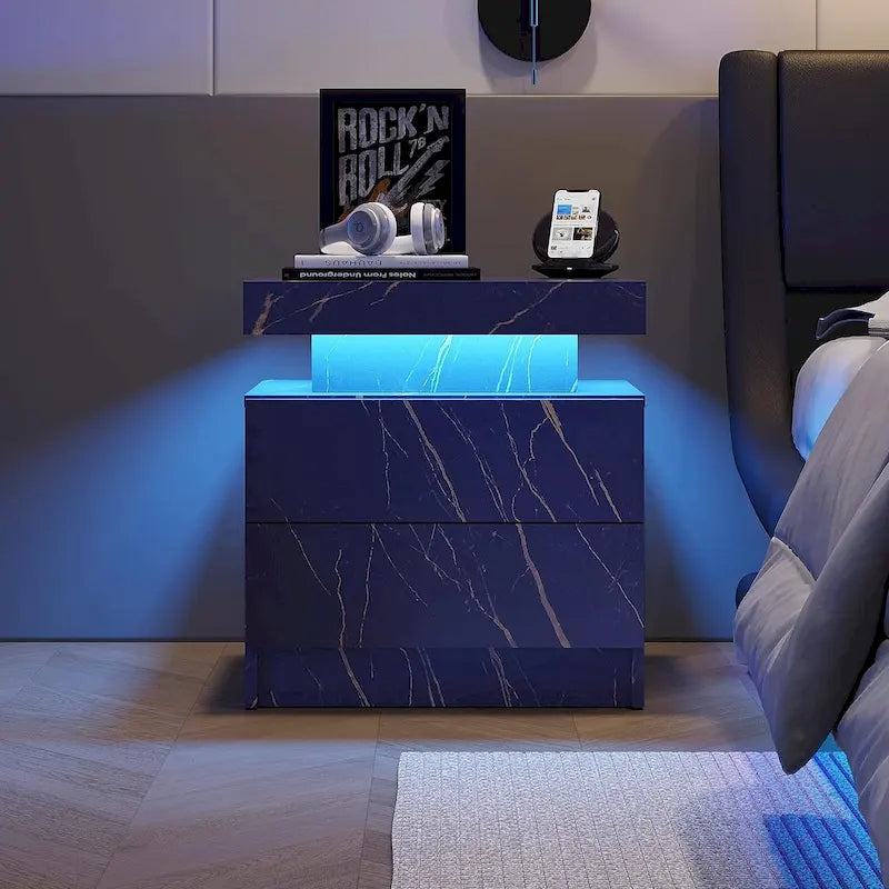 Table de chevet à LED 2 tiroirs Étagère ouverte Éclairage multicolore 6 couleurs