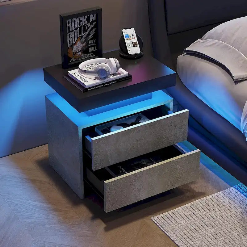 2 Drawers Nightstand with LED Lights